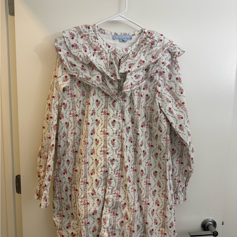 Hill House Floral Ruffle Mini Dress in Cream with Red Print